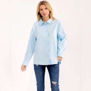 100 • Light Blue Women's Button Down Shirt  | Glamorous Rhinestones Cotton Shirt